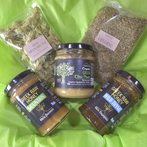 GREEK GIFT BOX // Organic Green Olive Paste + 2 x Raw Honey + Oregano & Mountain Tea