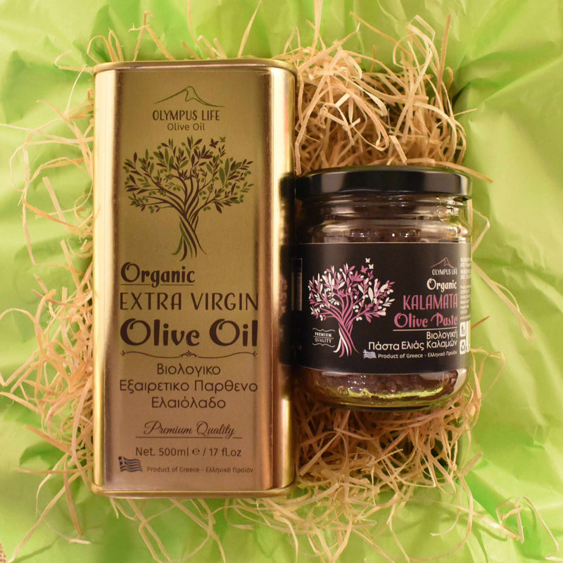 GREEK ORGANIC GIFT TREAT BOX Selection of Organic Extra Virgin Olive Oil and Olive Paste of Your Choice + Oregano