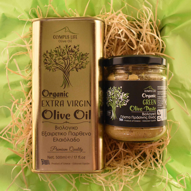 GREEK ORGANIC GIFT TREAT BOX Selection of Organic Extra Virgin Olive Oil and Olive Paste of Your Choice + Oregano