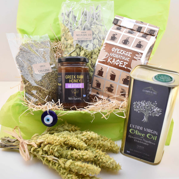 GREEK GIFT TREAT BOX // Extra Virgin Olive Oil + Raw Honey + Greek Coffee + Oregano and Mountain Tea