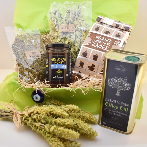 GREEK GIFT TREAT BOX // Extra Virgin Olive Oil + Raw Honey + Greek Coffee + Oregano and Mountain Tea