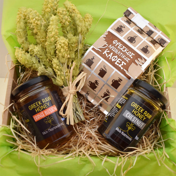 GREEK GIFT TREAT BOX // Selection of 2 Raw Honey + Greek Coffee + Mountain Tea