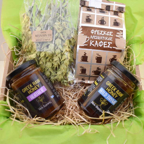 GREEK GIFT TREAT BOX // Selection of 2 Raw Honey + Greek Coffee + Mountain Tea