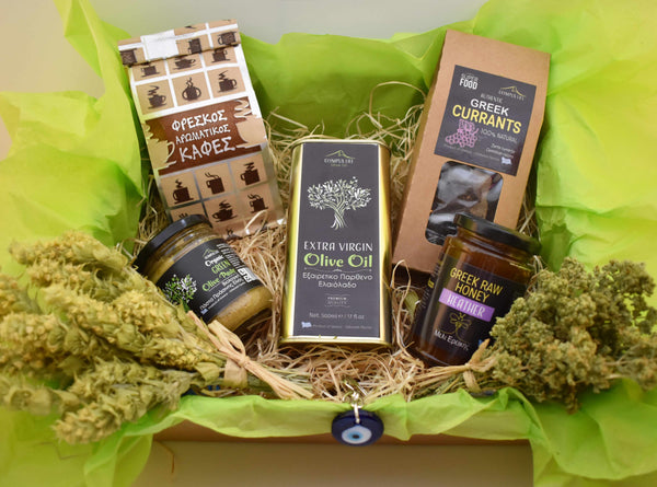 GREEK GIFT TREAT BOX / Set of Olive Oil + Olive Paste + Raw Honey + Greek coffee + Currants + Mountain Tea an Oregano