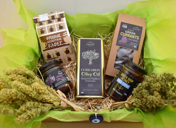 GREEK GIFT TREAT BOX / Set of Olive Oil + Olive Paste + Raw Honey + Greek coffee + Currants + Mountain Tea an Oregano