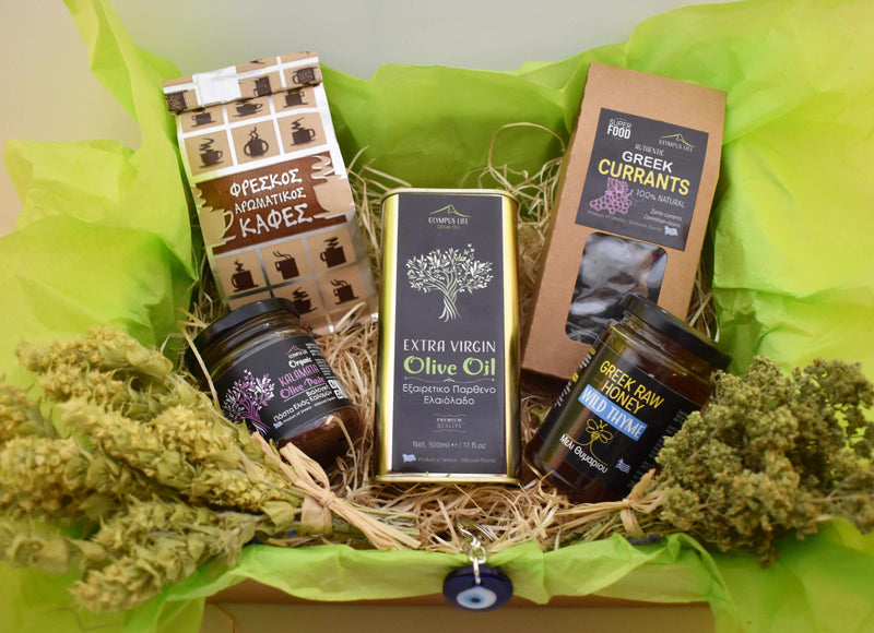 GREEK GIFT TREAT BOX / Set of Olive Oil + Olive Paste + Raw Honey + Greek coffee + Currants + Mountain Tea an Oregano