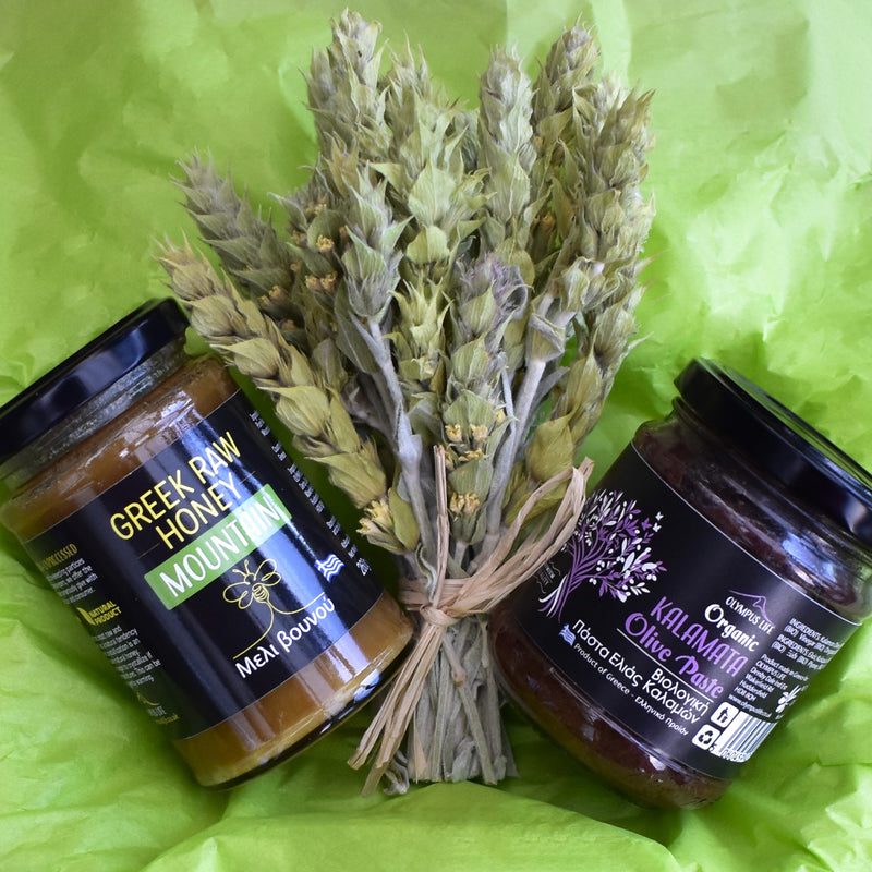 GREEK GIFT TREAT BOX  // Set of Organic Olive Paste and Raw Honey of Your Choice + Mountain Tea