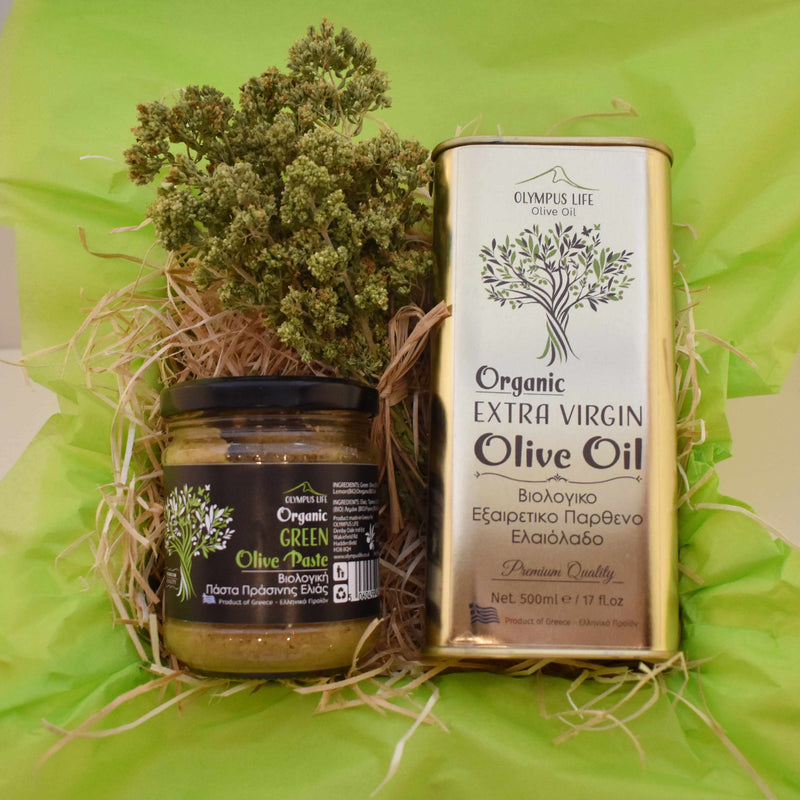 GREEK ORGANIC GIFT TREAT BOX Selection of Organic Extra Virgin Olive Oil and Olive Paste of Your Choice + Oregano