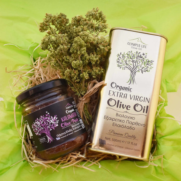 GREEK ORGANIC GIFT TREAT BOX Selection of Organic Extra Virgin Olive Oil and Olive Paste of Your Choice + Oregano