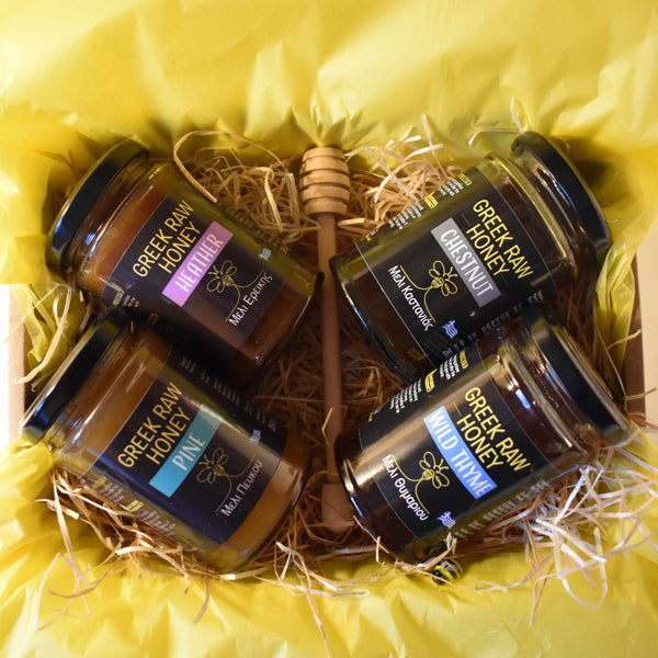 GREEK RAW HONEY GIFT BOX  // Selection of 4 Raw Honey Jars + Honey Dipper