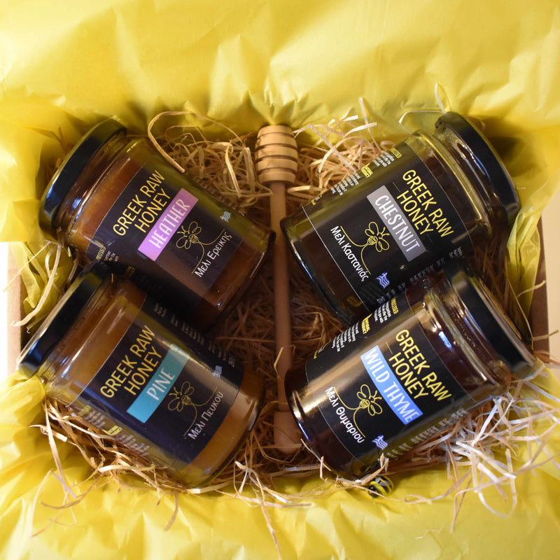 GREEK RAW HONEY GIFT BOX  // Selection of 4 Raw Honey Jars + Honey Dipper