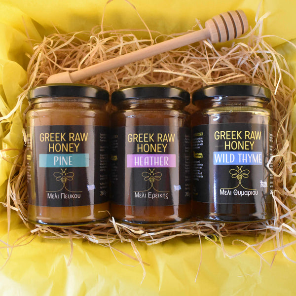 GREEK RAW HONEY GIFT BOX  // Selection of 3 Raw Honey Jars + Honey Dipper