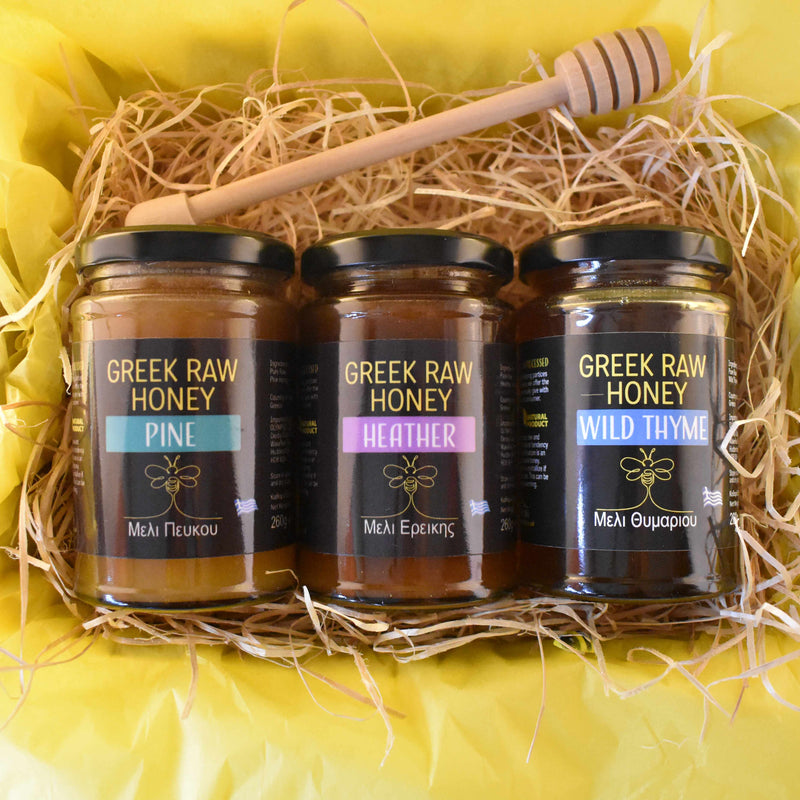 GREEK RAW HONEY GIFT BOX  // Selection of 3 Raw Honey Jars + Honey Dipper