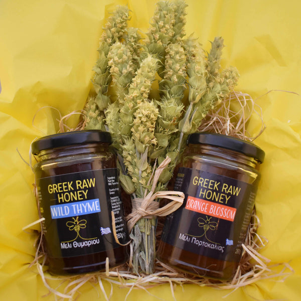 GREEK RAW HONEY GIFT BOX //  Selection of 2 Raw Honey + Greek Mountain Tea Olympus