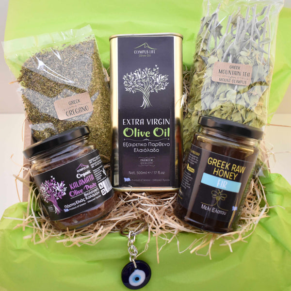 GREEK GIFT TREAT BOX // Extra Virgin Olive Oil + Raw Honey + Organic Olive Paste + Oregano & Mountain Tea