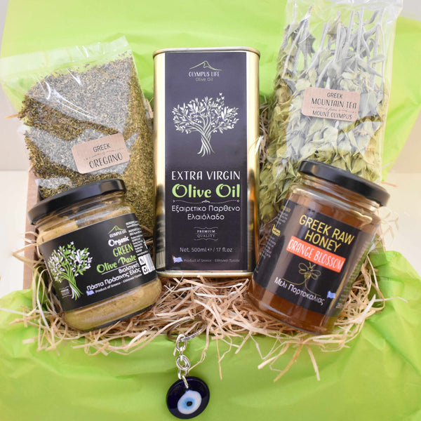 GREEK GIFT TREAT BOX // Extra Virgin Olive Oil + Raw Honey + Organic Olive Paste + Oregano & Mountain Tea