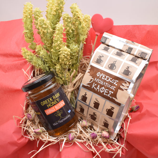 Heart Warming Greek Gift box / Raw Honey & Greek Coffee