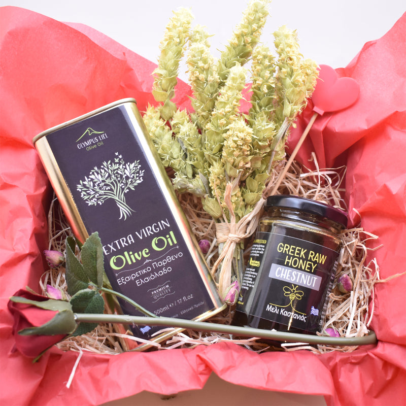 Heart Warming Greek Gift box  /  Greek Raw Honey & Extra Virgin Olive Oil