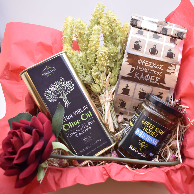 Heart Warming Greek Gift box / Greek Raw Honey & Extra Virgin Olive Oil  & Greek Coffee